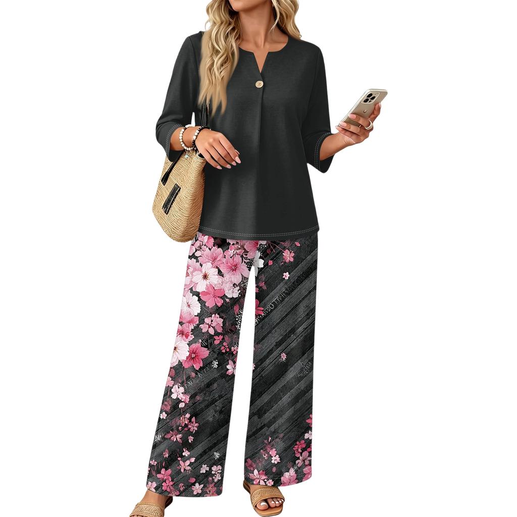 Women’s Casual Printed Button Top and Wide Leg Pants Two Piece Set with Three Quarter Sleeves Relaxed Fit Outfit for Daily Wear