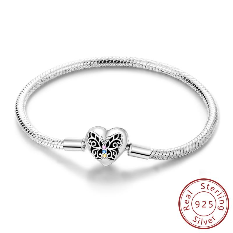 Original 925 Silver Bracelets 17-20CM Love Heart Flowers Butterfly Charms Beads Bracelet For Women Fashion Jewelry Gift