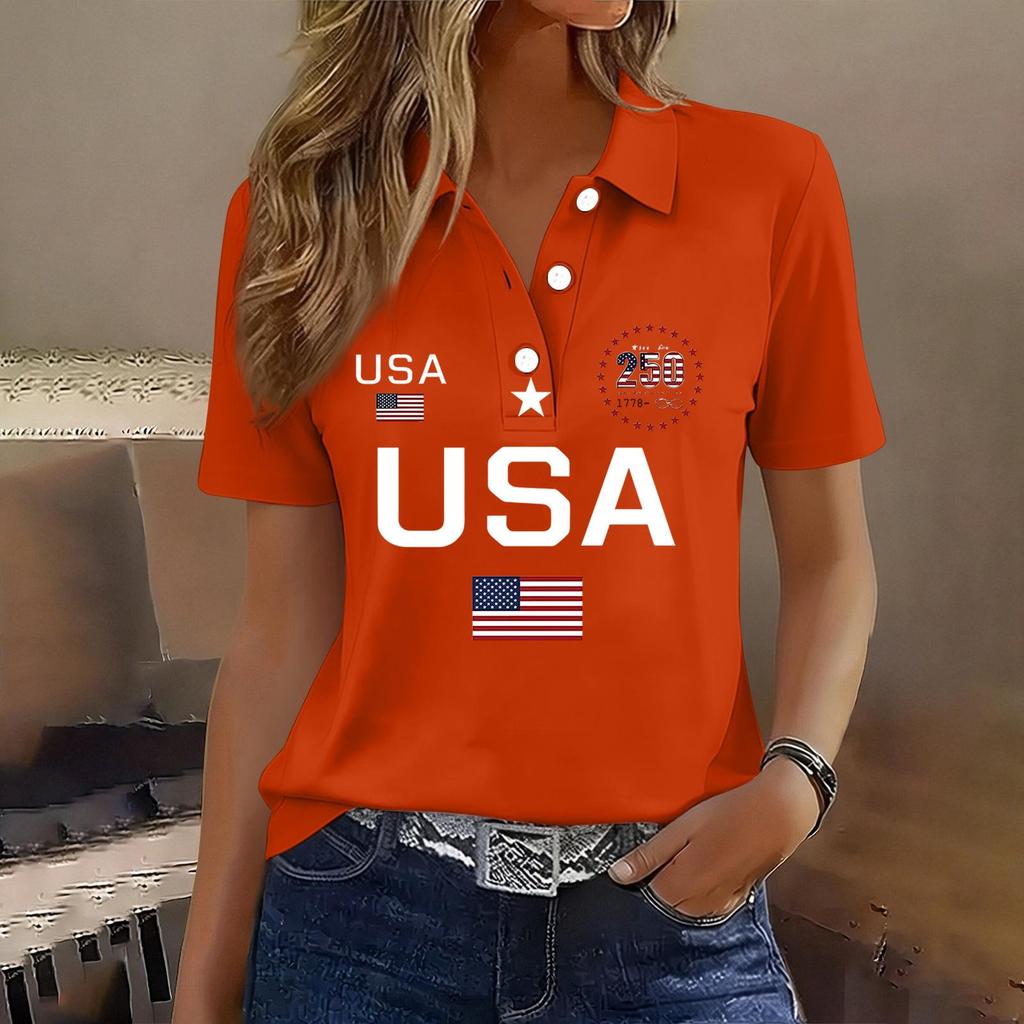 Damen Casual Kurzarm Knopf-Polohemd USA-Aufdruck 250. Jubiläum Grafik Leichtes Sommeroberteil