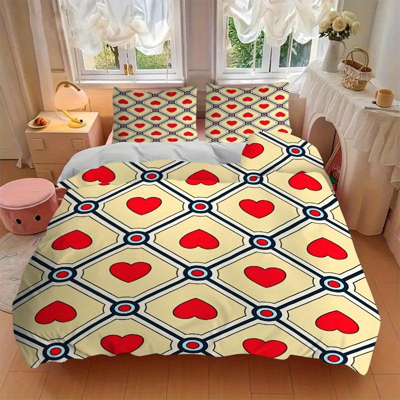 3Pcs Heart Pattern Printed Bedding Set, Breathable And Soft, Machine Washable, Christmas Gift, Suitable for Bedroom Decoration, 15141