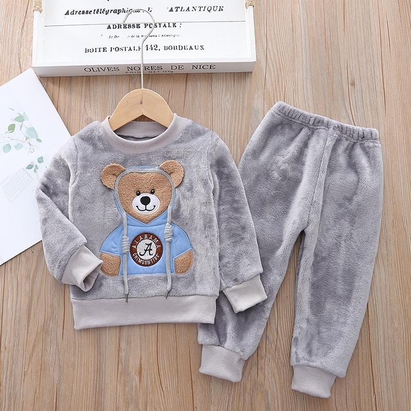 Småbarn Baby Gutter Klær Høst Vinter Barn Flanell Pyjamassett Tykk Varm Genser Tegneserie Søt bjørn Todelt Jentedress Joggedress