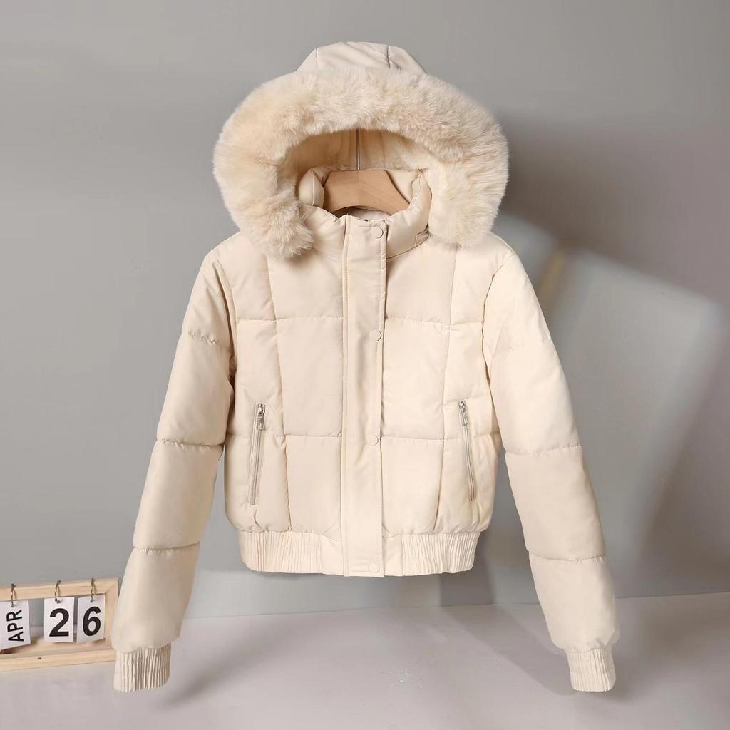 Women's Short Winter Cotton Parka with Fur Collar - Thickened Korean Style Velvet Jacket