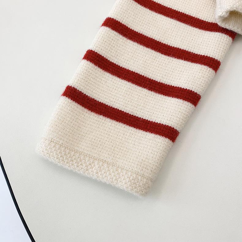 Women's Autumn Striped Knit Cardigan - French Style, Color Block, Loose Fit, Round Neck, Short Length, Long Sleeve Sweater Coat.