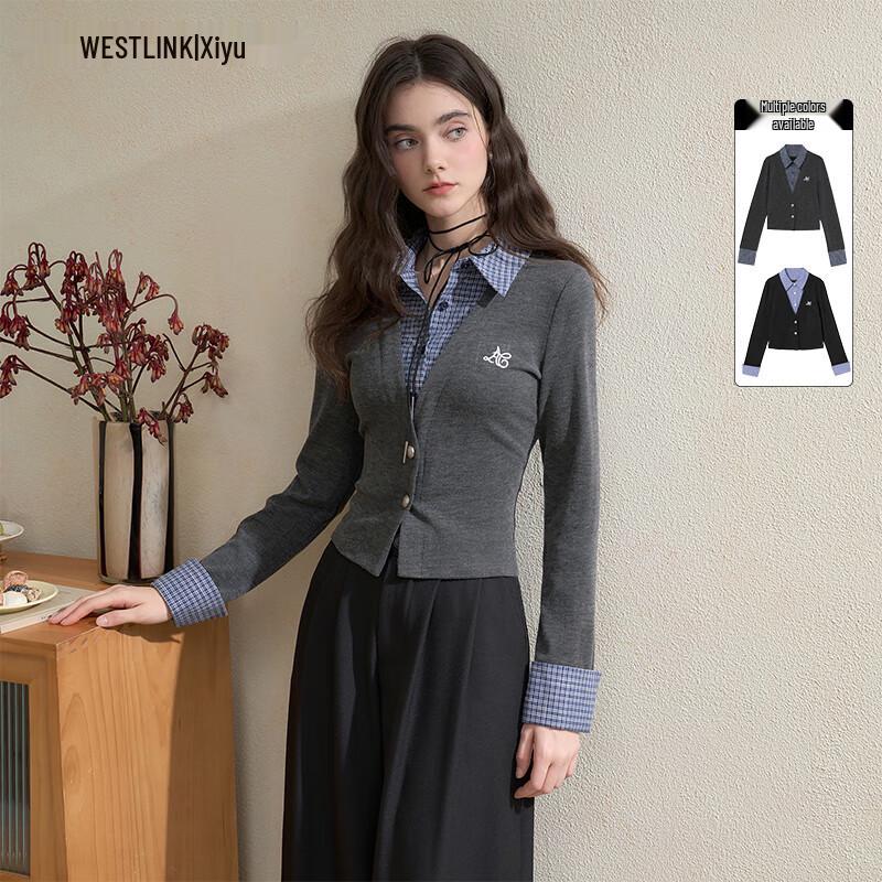 

Женская трикотажная рубашка-поло Westlink с клетчатой вставкой в стиле пэчворк, имитирующая костюм-двойку M