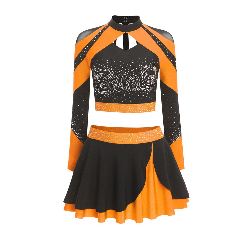 Womens Cheerleading Outfit Two Piece Long Sleeve Hollow Out Crop Top Skater Skirt Sparkle Rhinestone Apparel