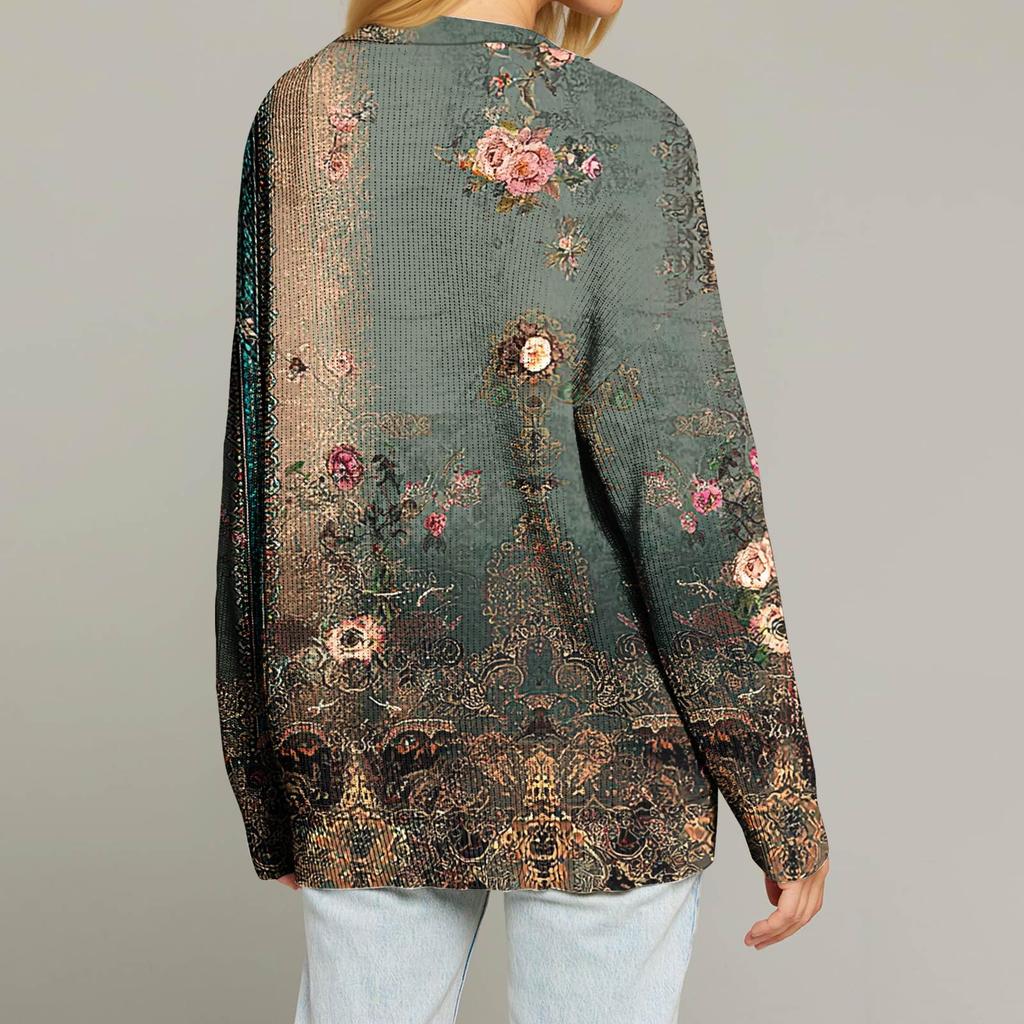 Cardigan dama cu maneca lunga, imprimeu de Craciun, decolteu in V, nasturi, larg