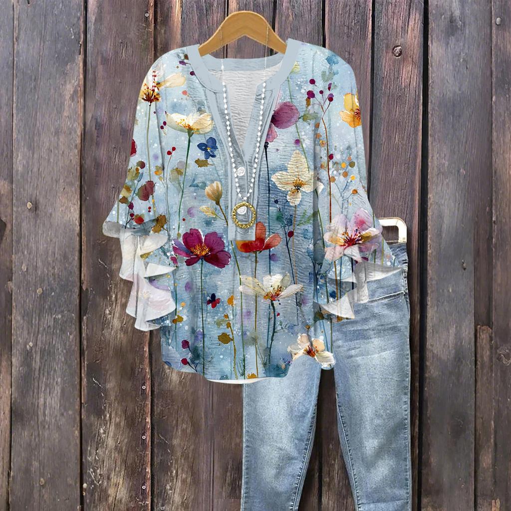 Damenmode Knopf V-Ausschnitt Rüschen Siebenärmel Bluse Geblümtes Top