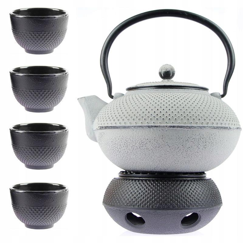 CAST IRON KETTLE 1.5L TEA POT WITH TEA INFUSER + 4x CUPS WARMER