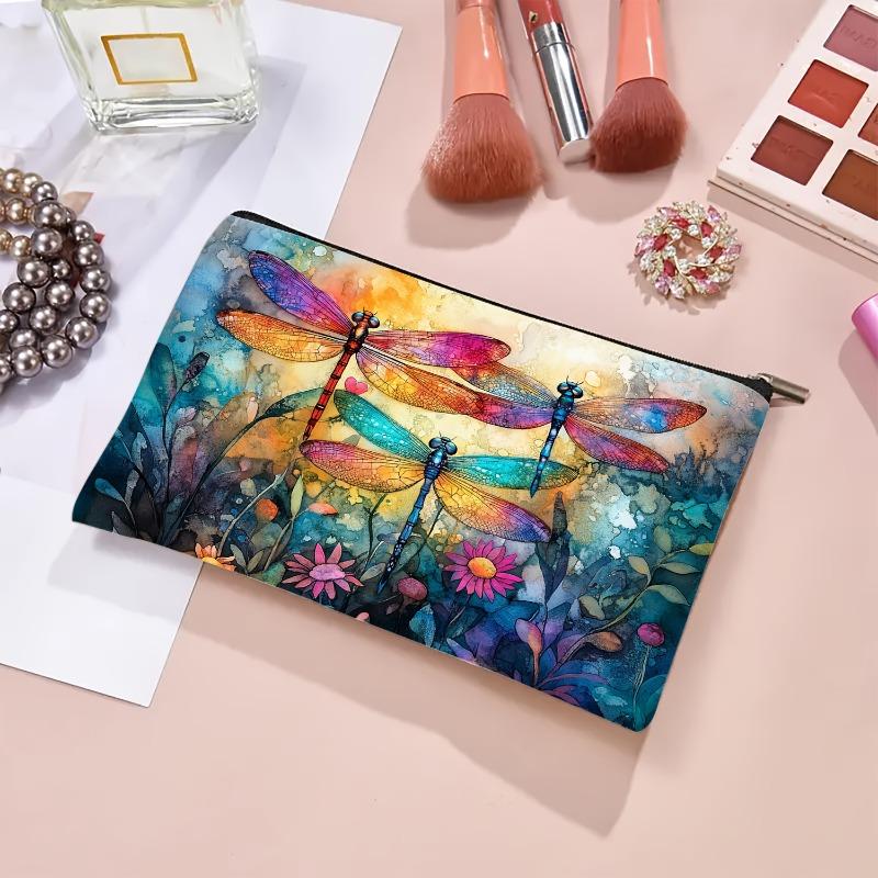 1pc Colorful Dragonfly Makeup Bag Hypoallergenic Cosmetic Pouch with Floral Insect Design Travel Organizer Bag for Women