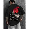 Men's Oversized Black Short Sleeve T-shirt with Japanese Ink Wash Graphic of Pagoda Red Moon Mountain Birds Streetwear Casual Summer Top