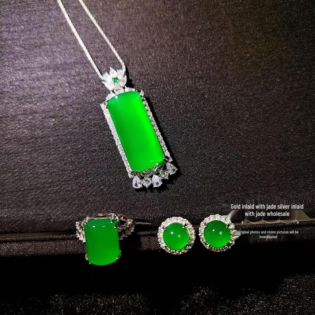 Emerald Imperial Green Agate Jewelry Set: Pendant, Earrings & Square Ring