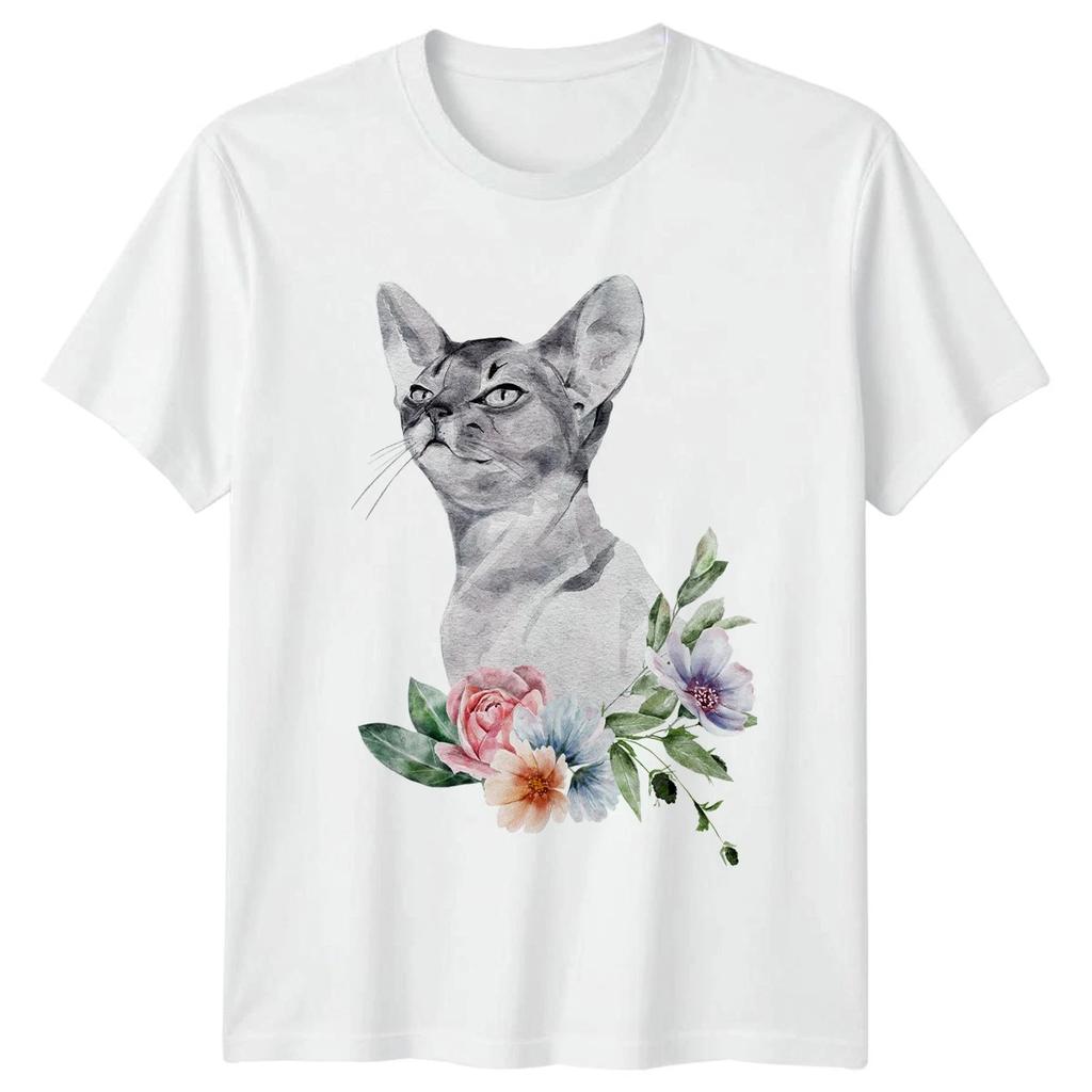 Elegant Watercolor Abyssinian Cat Floral Womens T-Shirt Botanical Art