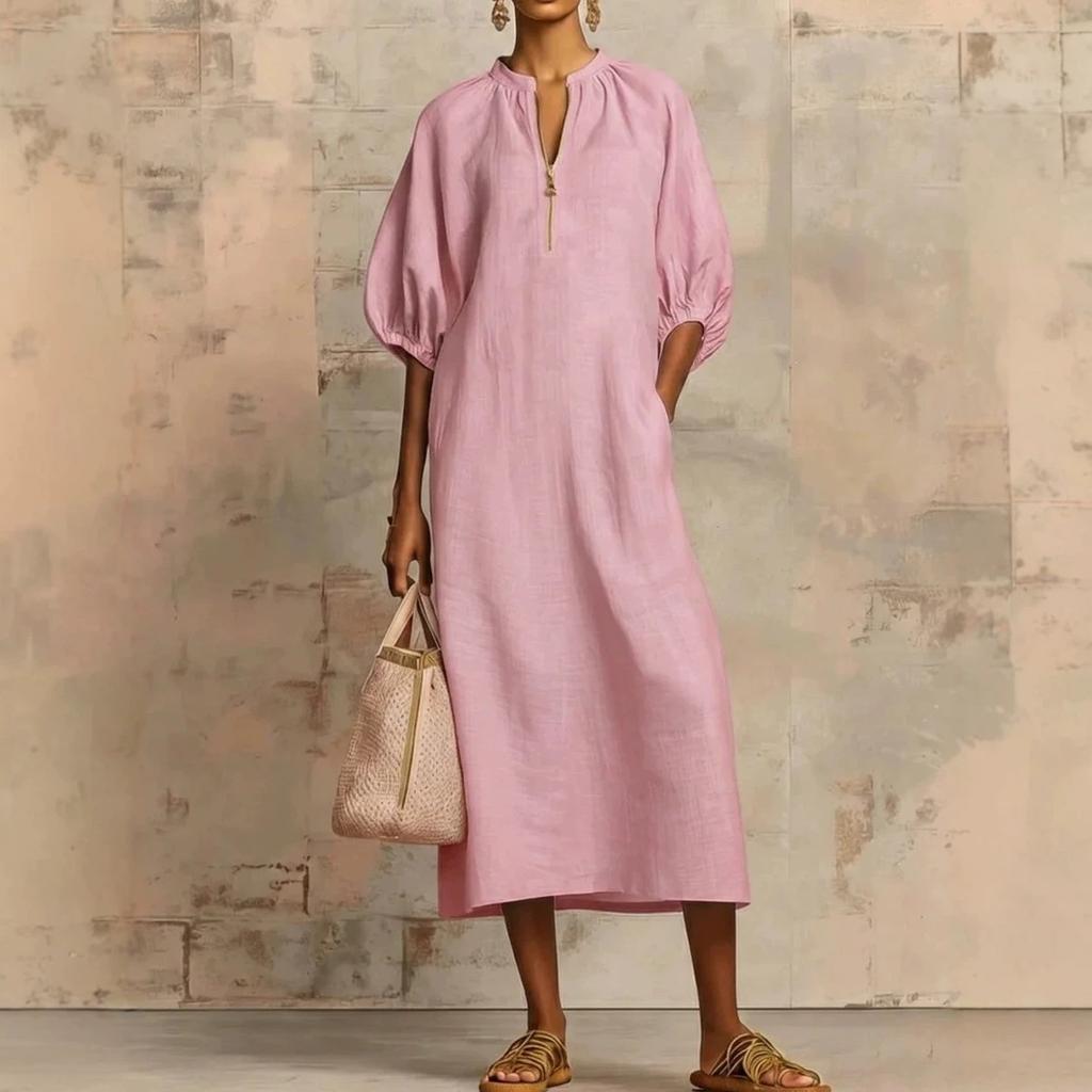 Europe, America spring and summer popular women's clothing solid color loose casual round neck zipper bubble sleeve dress