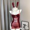 Velvet Backless Mesh Lingerie Set with Push-Up Pads - Christmas Role Play Costume