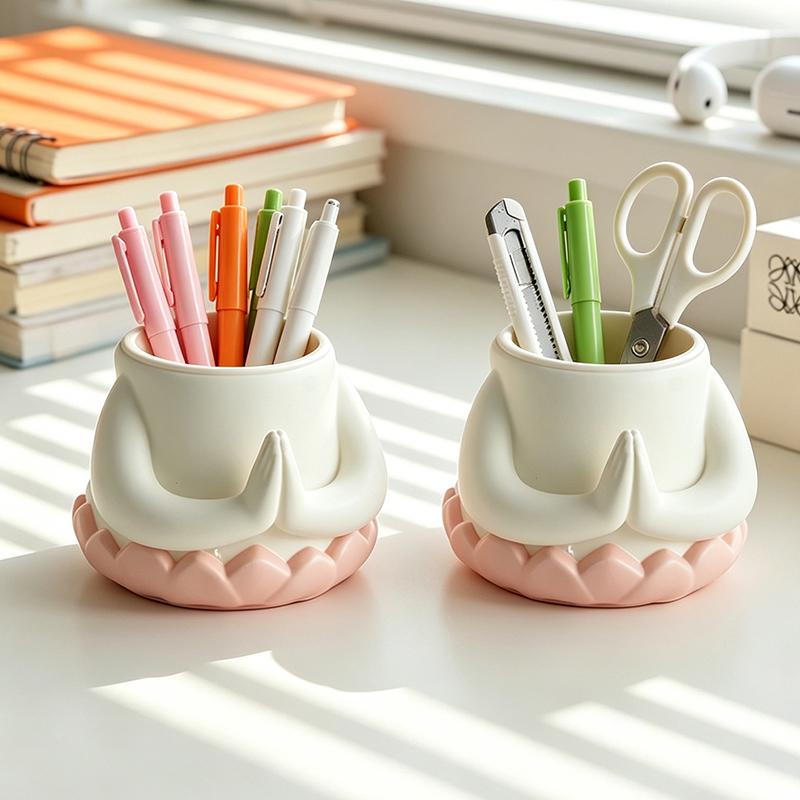 Kawaii Buddha Hands Resin Pen Holder Lotus Design Abs Organizer for Office Desk Stationery Storage Home Bedroom Desktop Decor