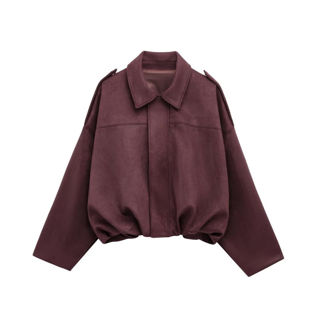 Fall Winter Women's Oversized Suede Batwing Sleeve Zip Up Aviator Jacket Casual Outerwear