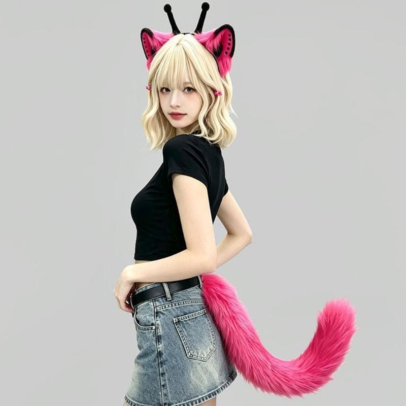 Furry Faux Furs Cats Ears Headbands Foxes Tail Animal Cosplay Costume Plush Alien Creature Costume Accessory for Roleplay Looks, Cosplay Gatherings,