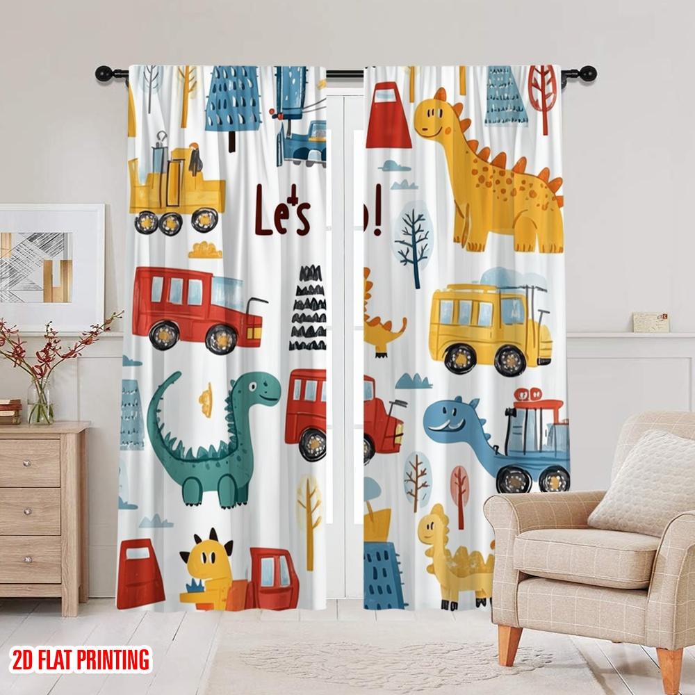 2pcs,2D Plane Printing Curtains Digital Printed DinoCommute Polyester (without Rod) Holiday Perfect for Bedroom, Kitchen, Office