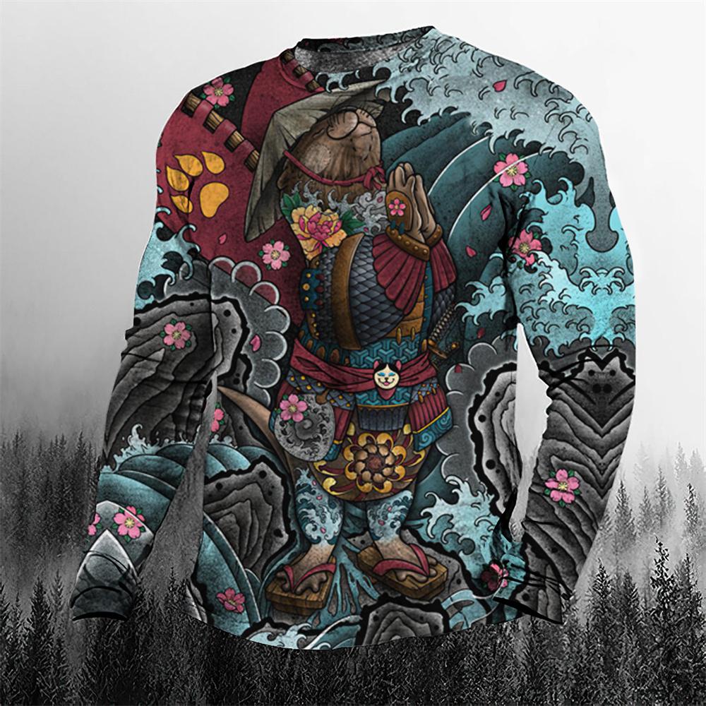 Tricou Super Cool Vintage Japonez Samurai pentru Bărbați cu Gât Rotund, Îmbrăcăminte pentru Bărbați, Mărimi Mari, Casual, Mânecă Lungă, Topuri, Tricou Imprimat 3D