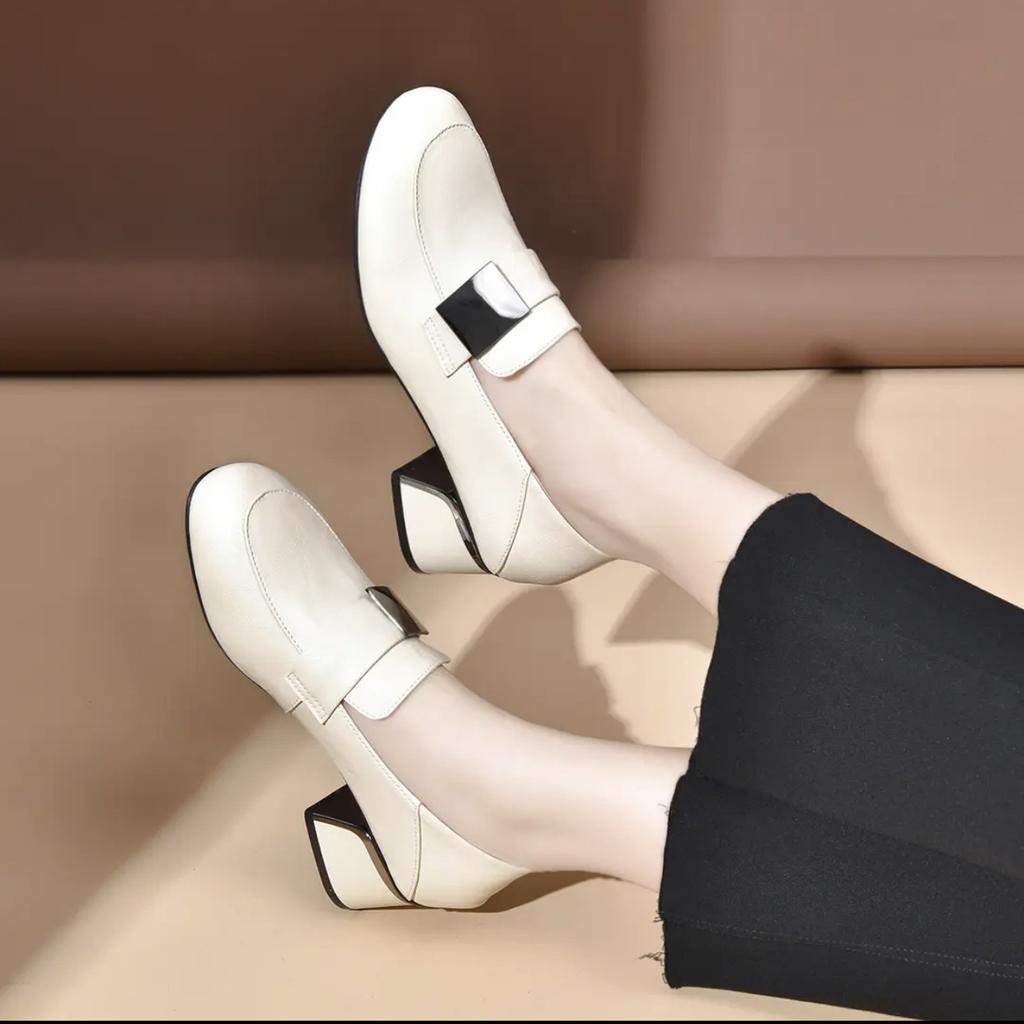 Fashion Genuine Leather Women Office Shoes High-heeled Women Dress Shoes Size 34-41 Handmade Soft Sole Thick Heel Cowhide Women Shoes