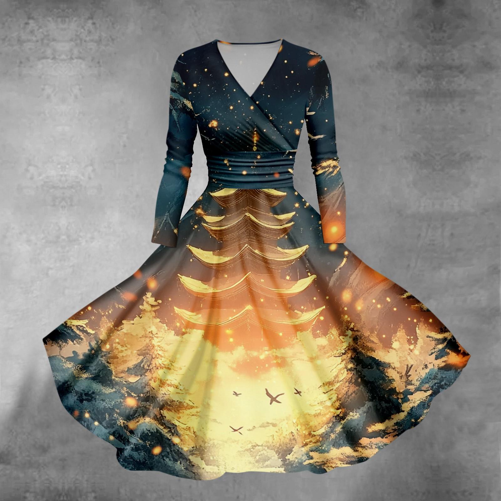 Женское облегающее платье свободного кроя с принтом рождественской елки и снежинок — фото 10