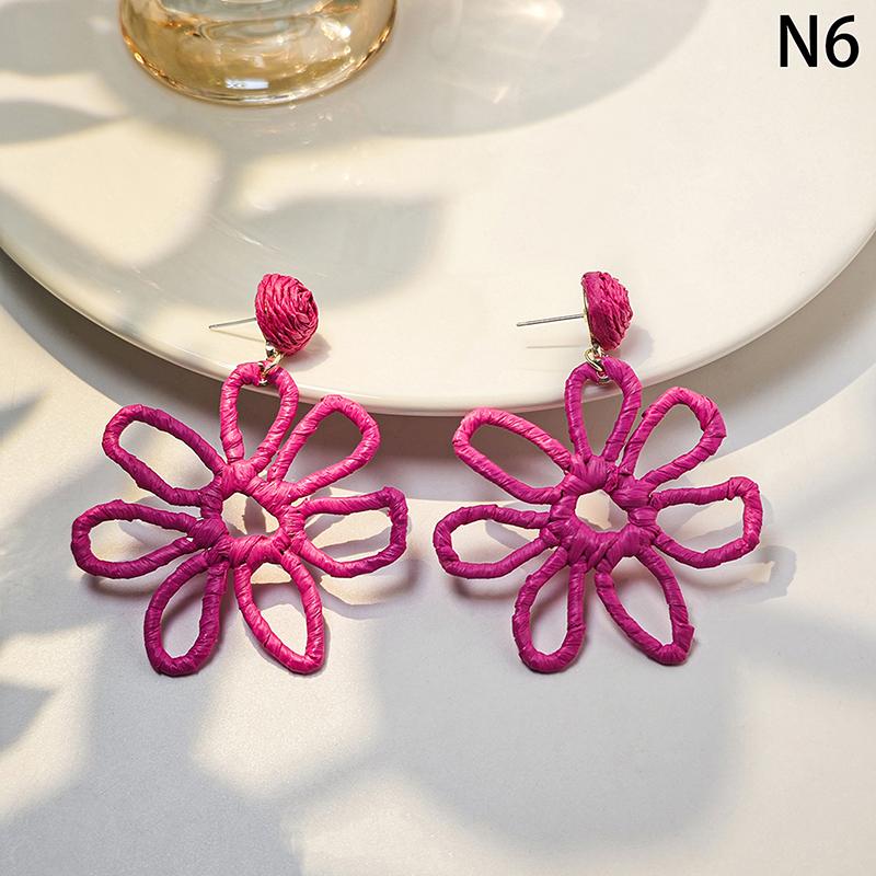 Summer Beach Holiday Wind Earrings For Women Colorful Handmade Raffia Hollow Flower Earrings  Jewelry