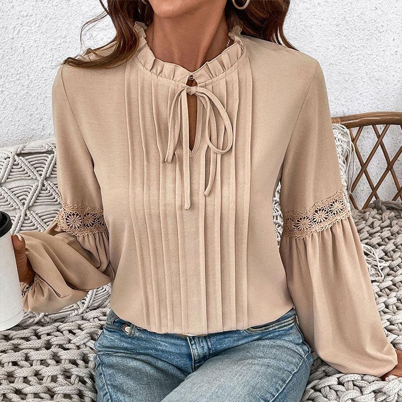YYFS Women's Fashion Casual Spring Autumn Solid Color Print Long Sleeve V-Neck Blouses & Shirts