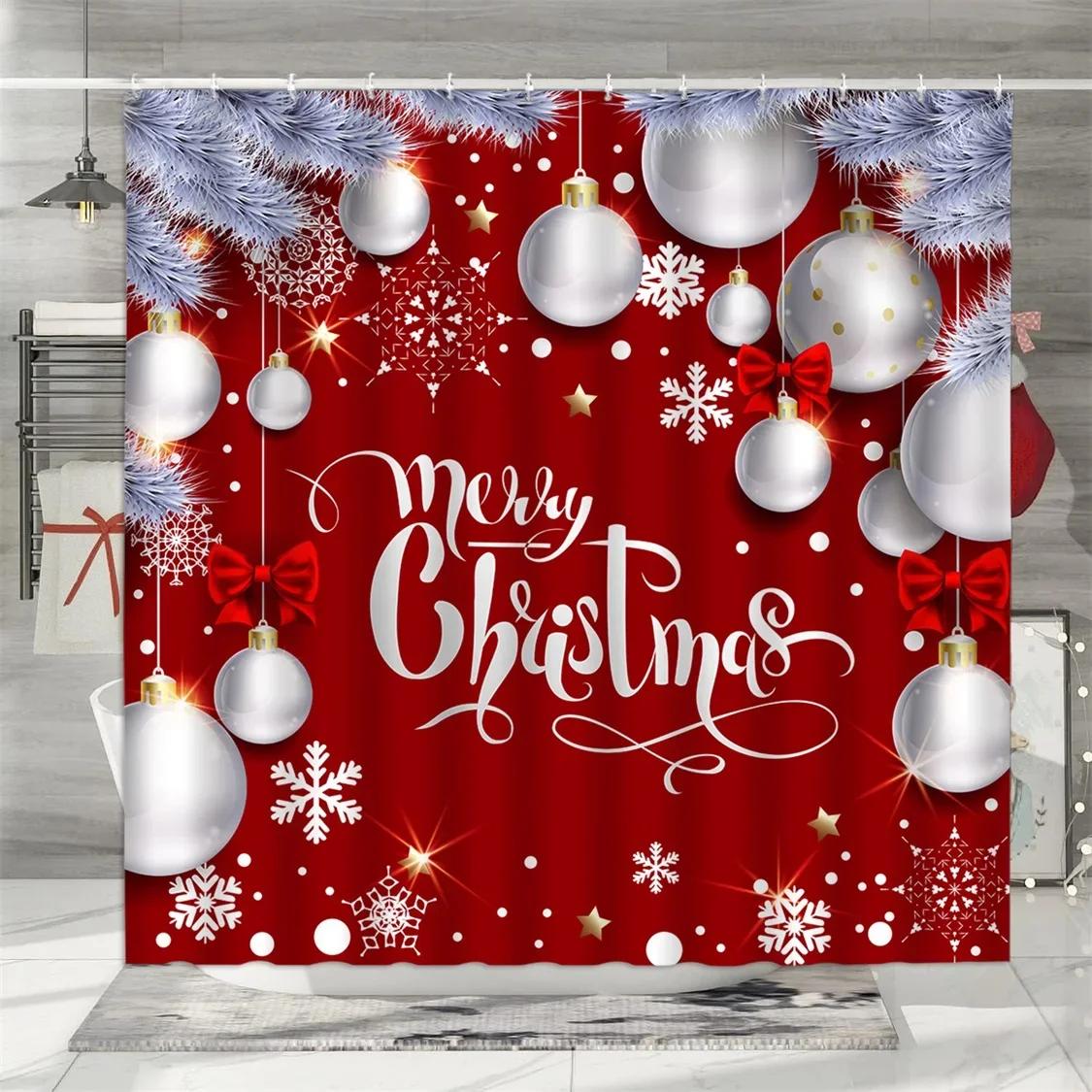 

Рождественская занавеска для душа, зимние красочные рождественские шары, подарки из сосновых иголок, рождественский венок, полиэстер, декор для ванной комнаты 90x180cm-35x70in