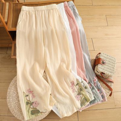 Chinese Style Women's Summer Bell Bottoms Breathable Pocketed Vintage Color Block Embroidery Slimming Casual Trousers