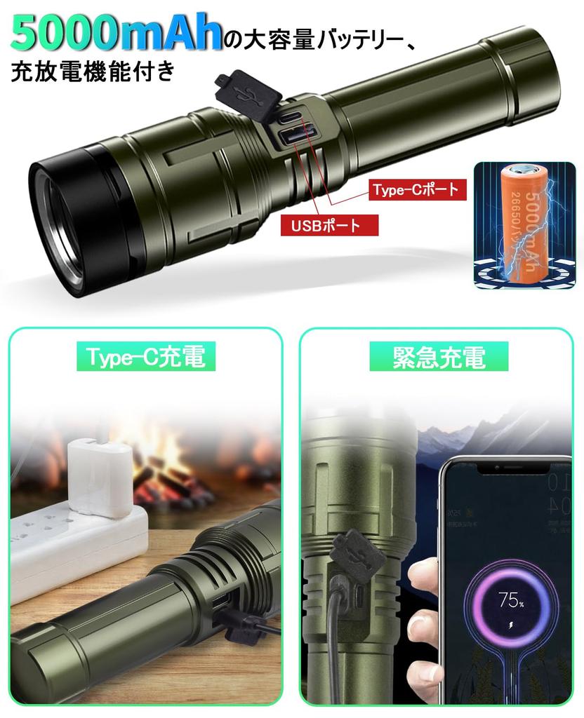 JUNHOTAI Powerful LED Flashlight with Fresnel Lens and Fire Starter 216mm X 50mm Rechargeable 5000mAh 26650 Lumens Adjustable Focal 5 Dimming 500M