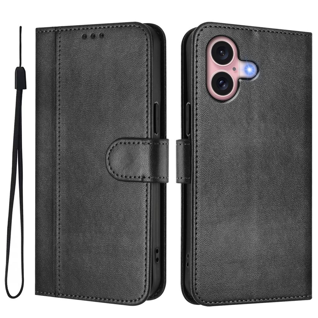 For iPhone 16 Cases Wallet Stand Retro Texture Leather Phone Cover with Lanyard