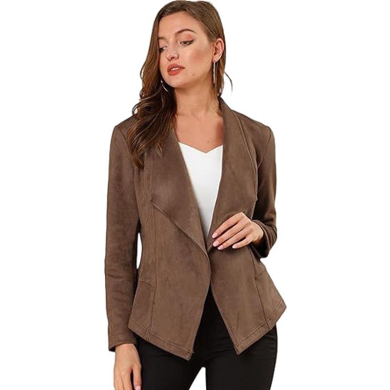2025 Women's Slim-Fit Faux Suede Turn-Down Collar Long Sleeve Jacket