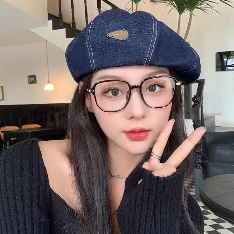 Cloud Octagonal Hat~ Ins Fashion Denim Beret Women's Autumn and Winter Big Head Circumference Painter Hat Denim Warm Hat