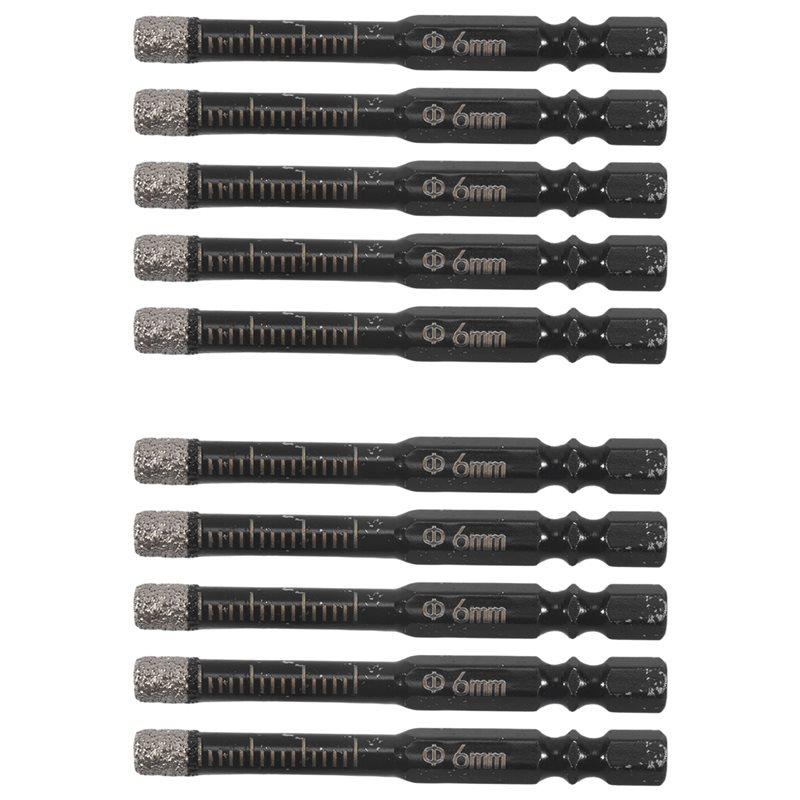 ABWR-10Pcs Diamond Drill Bits,6Mm Dry Diamond Core Drill Bit Set For ,Granite,Tile,Glass,Marble,Brick,Stone Easy Install