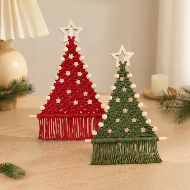Holiday Tree Fiber Craft Set for 2 Hanging Projects with Soft Cotton Cord, Wooden Star Toppers, Beads and Dowels