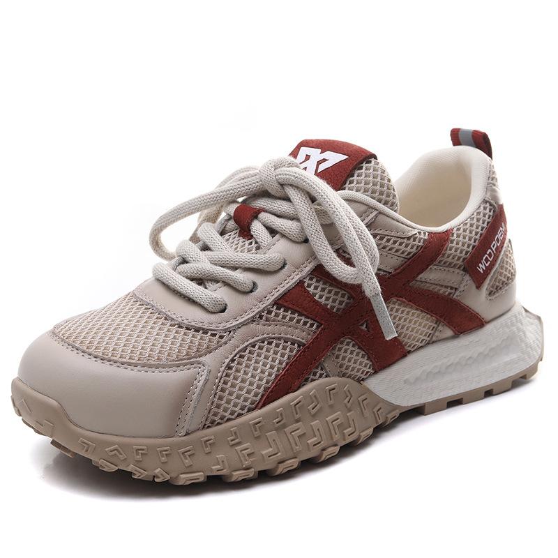 Johnature Zapatos casuales deportivos para mujer Malla transpirable con empalme de cuero genuino con cordones Zapatillas cómodas