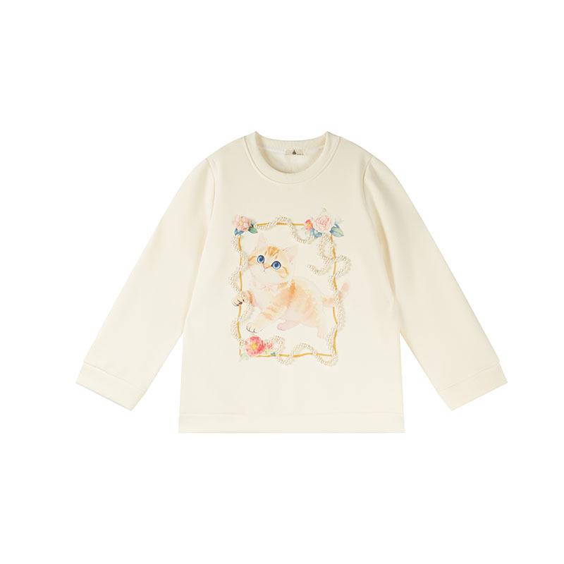 

2025 Plus Size Women s Fleece-Lined Sweatshirt with Cat Beaded Print, Slimming Fit W-261 XL бежевий