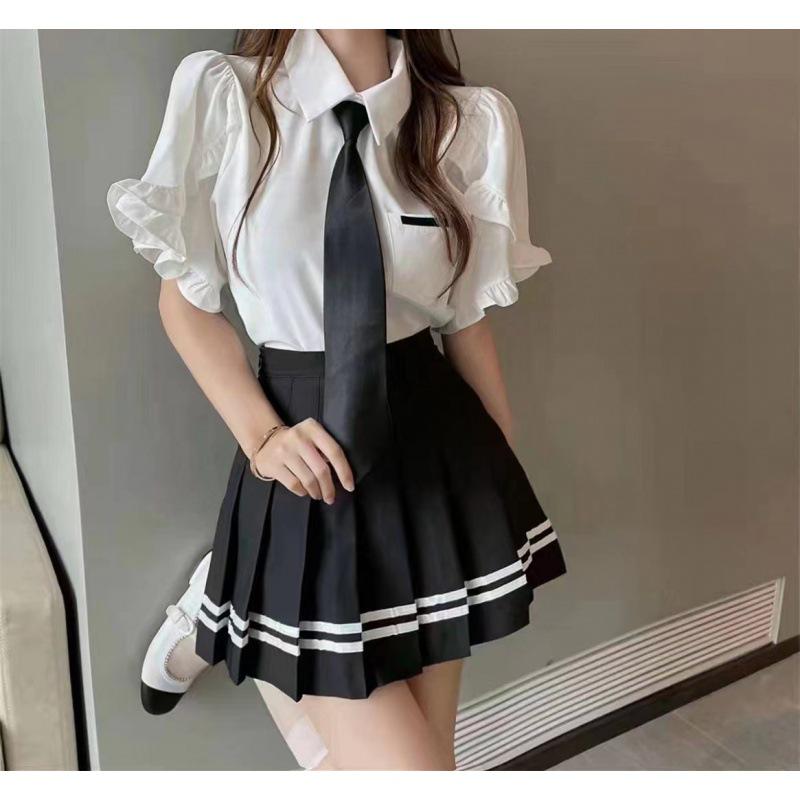 Striped Extra Long Safety Shorts Pleated Skirt - JK Uniform Half Body Skirt for Spring and Summer