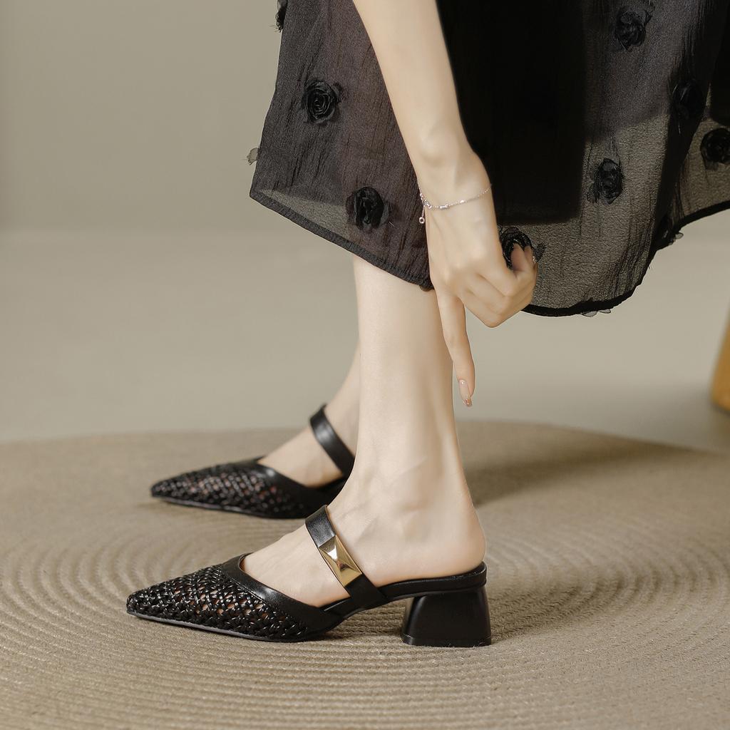 French hollow bag head half slippers women's outer wear summer new one-word with pointed head with skirt thick heel woven sandals