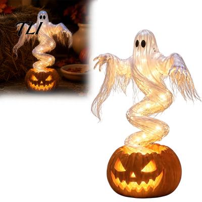 Porche d'entrée Décorations d'horreur Halloween Fantôme tourbillonnant Citrouille Lampe de jardin, Statue Décoration d'automne effrayante éclairée, Décoration d'extérieur LED chaude pour