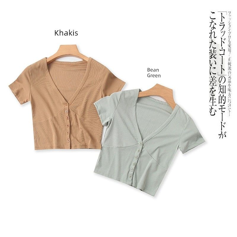

Cardigan T-shirt Summer New Arrival Foreign Trade Women s Clothing Fashionable Slim-Fit V-neck Single-Breasted Short Sleeve Stretch T-shirt 24531 Bean Green B- 18-18-1 S