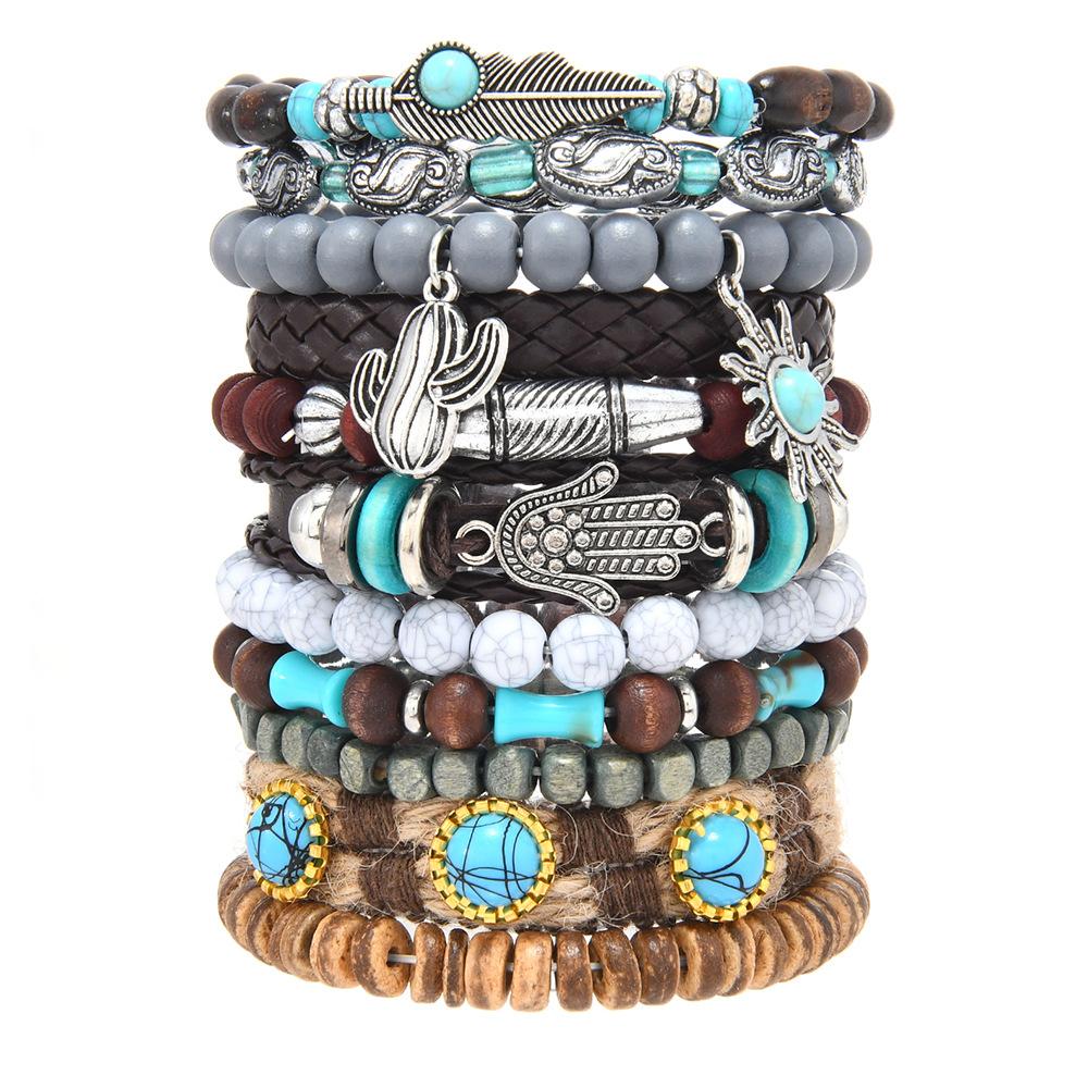 Leather Bracelets for Men Women Handmade Wrap Woven Cuff Bracelets Wooden Beaded Bracelets Vintage Ethnic Tribal Wristbands Bracelet Set Adjustable