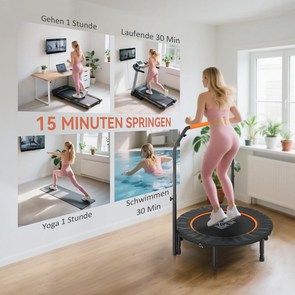 40 Zoll faltbares Mini-Fitness-Trampolin, mit verstellbarem Schaumstoffgriff, Orange