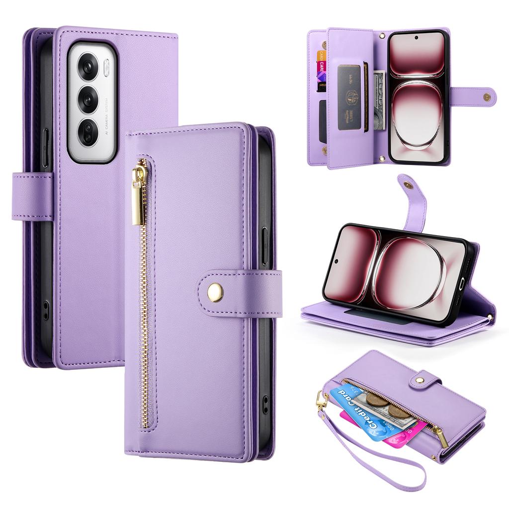 DF-011 For Oppo Reno12 5G (Global) Case Zipper Pocket Wallet Leather Phone Cover with Straps