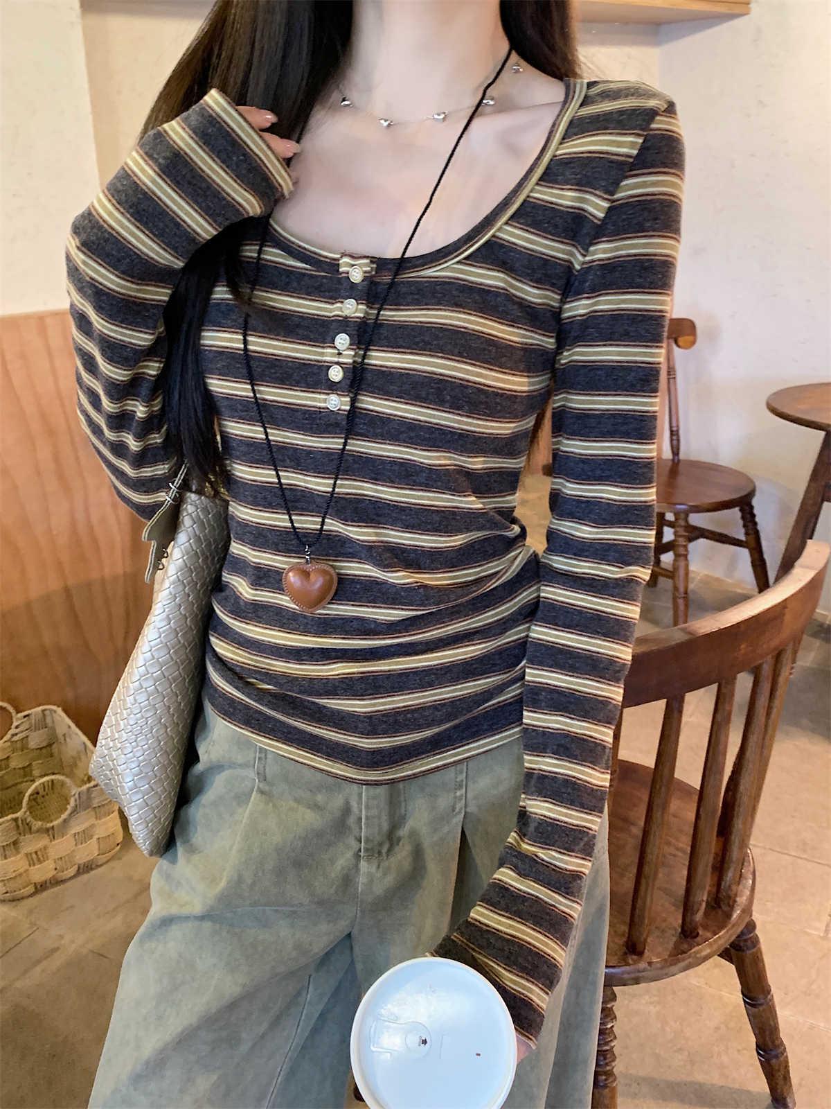 

Women s Korean Style Cashmere Slim Fit Button-Up Striped U-Neck Long Sleeve T-Shirt for Spring, Autumn, Winter Extra Large