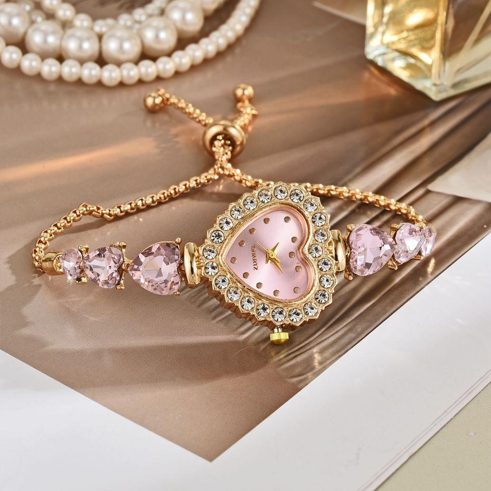 Elegant Alloy Women Watch Heart-shaped Diamond Quartz Wristwatch Adjustable Strap Bracelet Watch Daily