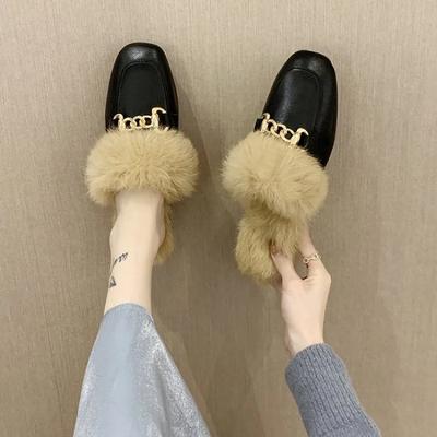 Nieuwe Pluche Pantoffels Dames Draag Herfst Winter 2024 Fuzzy Muiltjes Luie Katoenen Schoenen Platte Zool Gesloten Teen Halve Pantoffels