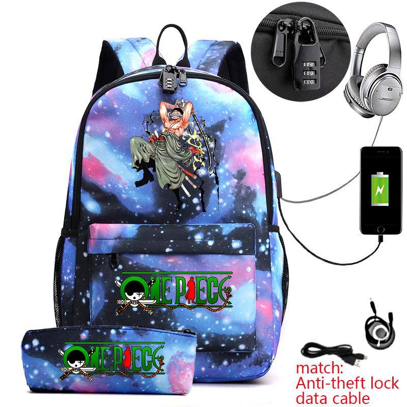 One Piece Zoro Print Anti Theft School Backpack Student Bookbag with Pen Case for Kids Teens