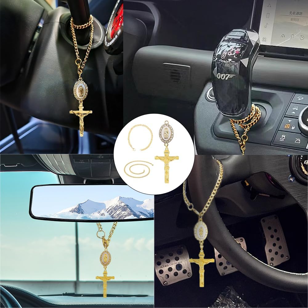 Steering Wheel Rosary Charm Accessory, Charm for Car Rearview Mirror, Catholic Rosary Hanging Pendant with Crucifix Cross, Virgin Mary Charms & Rope