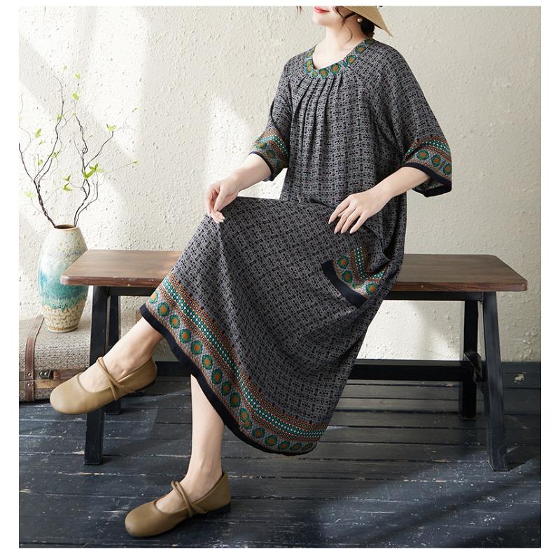 DIMANAF Nuevo 2026 Mujer Tallas Grandes Verano Playa Dama Estampado Vintage Vestido Largo Holgado Oversize Maxi Vestido de Sol Ropa